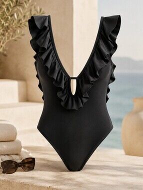 NWOT Michael Kors Black Ruffle Plunge Open Back One Piece Swimsuit